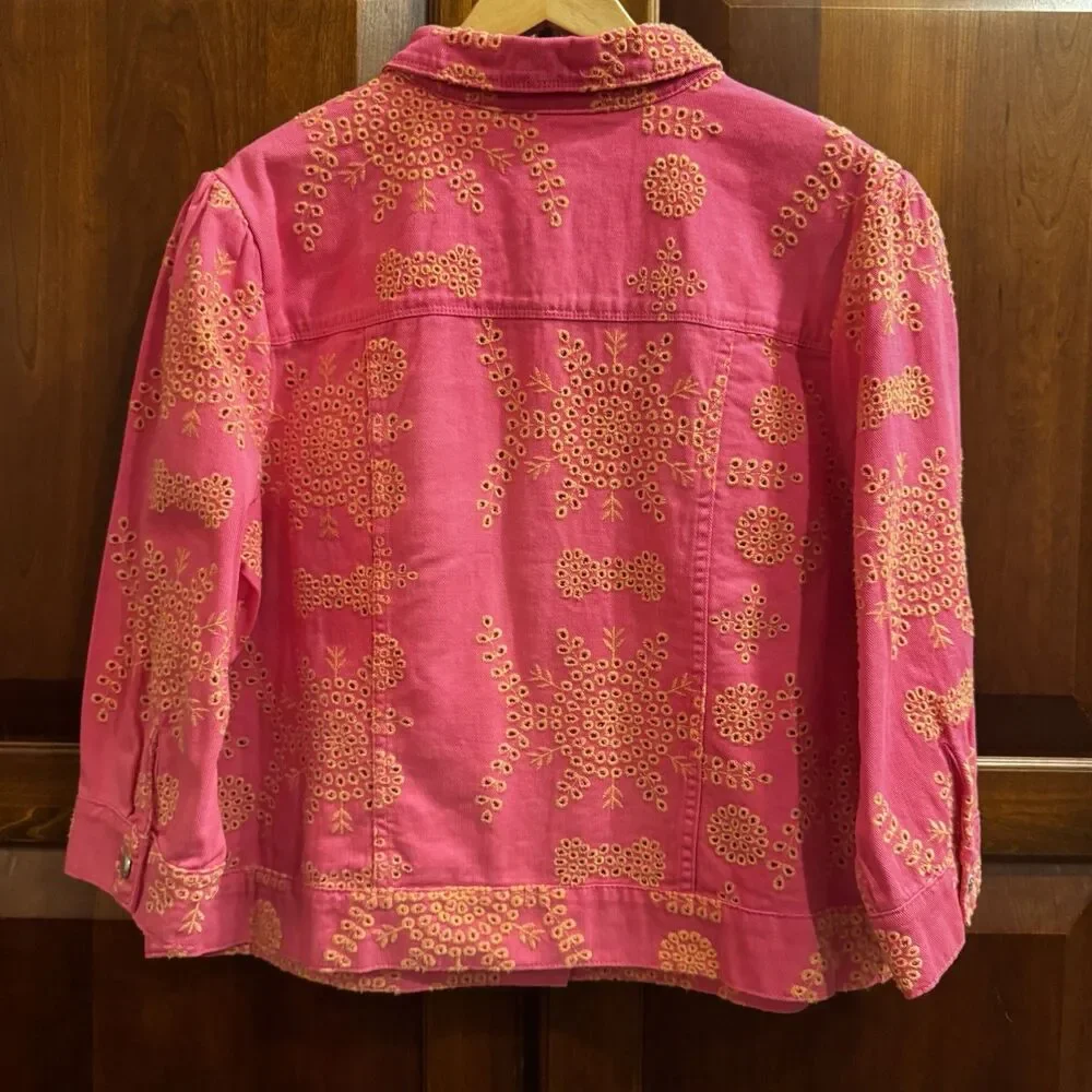 G by Giuliana Women's Black Label Puff-Sleeve Eyelet Jean Jacket Magenta Size 1X